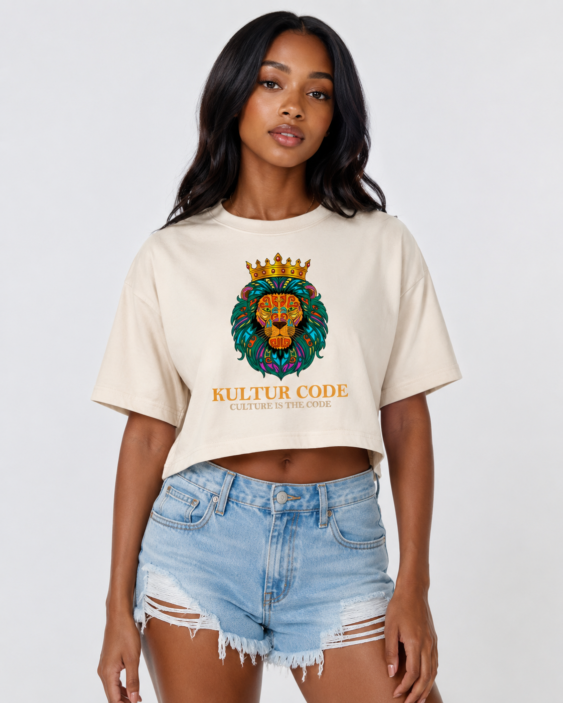 Crowned Lion Cropped Tee - Ecru